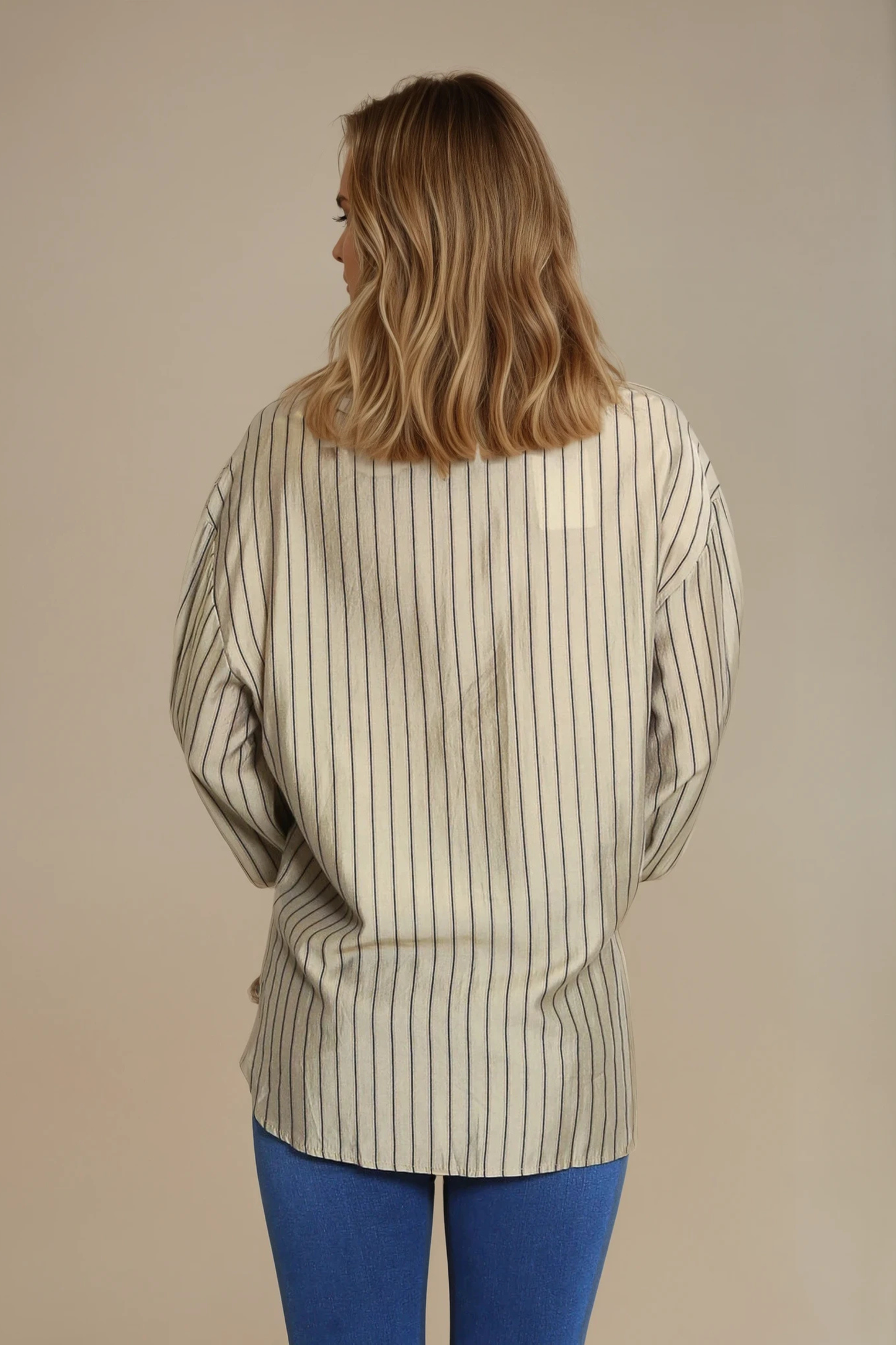 Taupe Striped Long-Sleeve Blouse