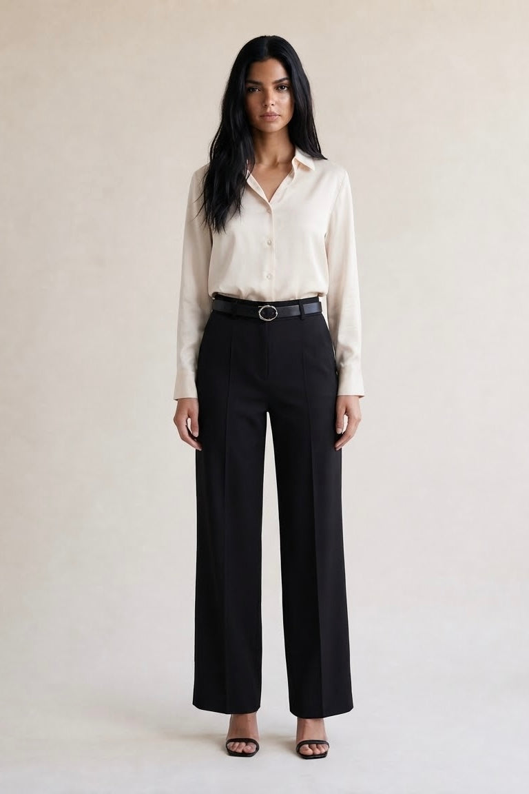 Black wide leg tailored trousers with matching belt