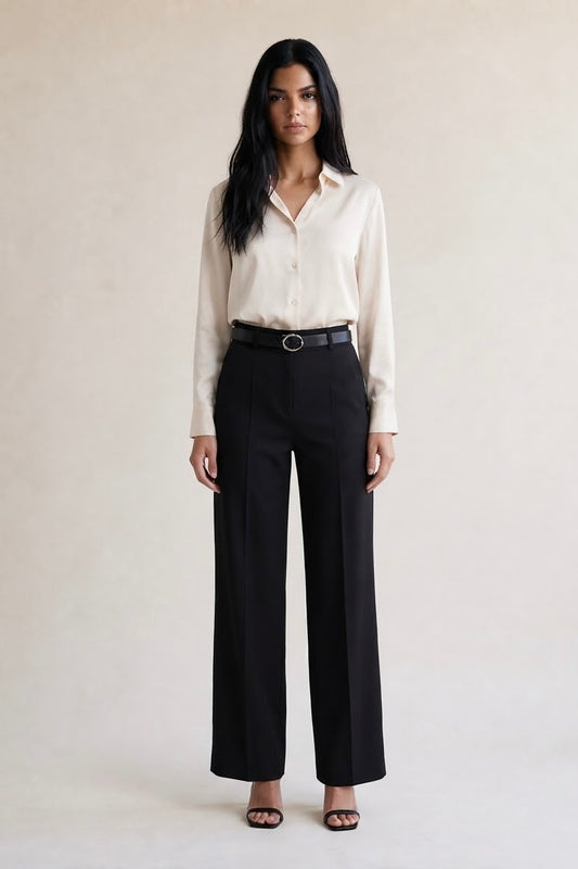 Black wide leg tailored trousers with matching belt
