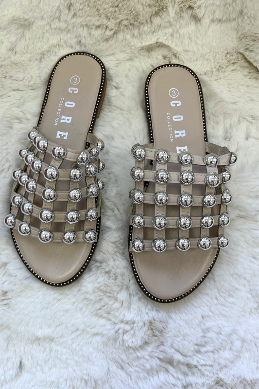 Nude Silver Studded Slip-On Sandals