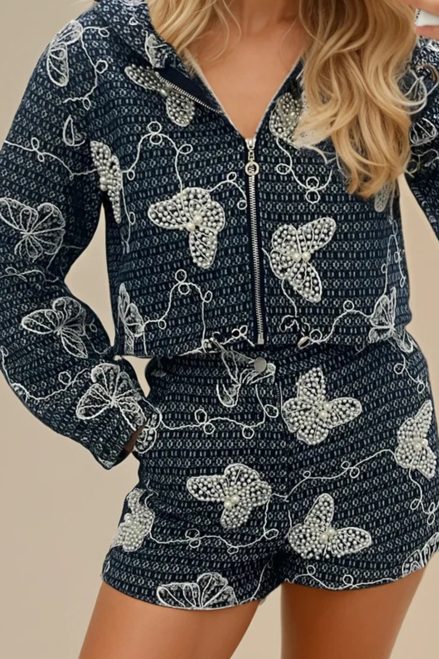 Dark Denim Embroidered Butterfly Two-Piece Set