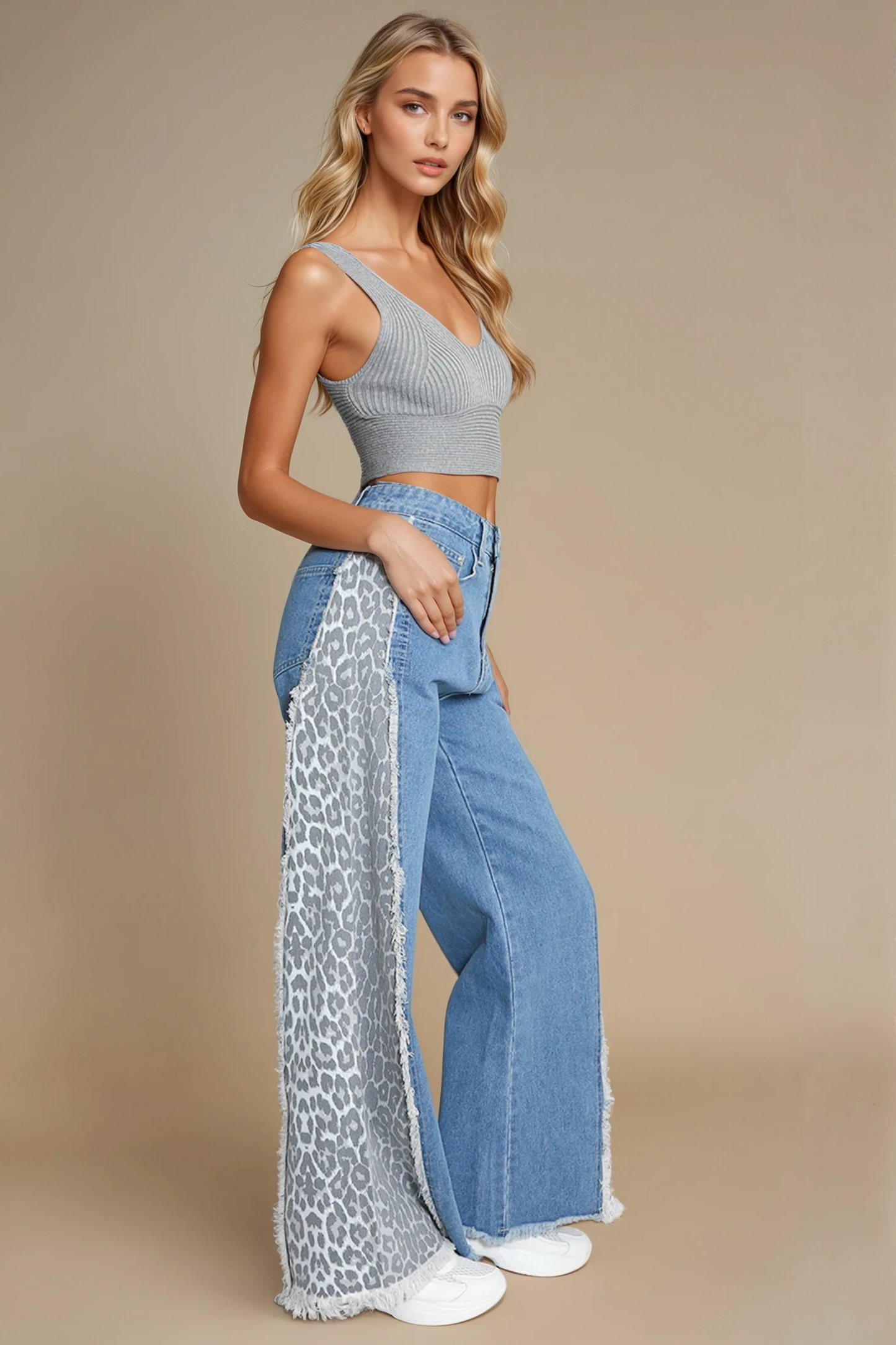 Leopard Side Stripe Wide Leg Jeans