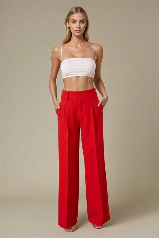 Red Tailored Wide Flare Trousers