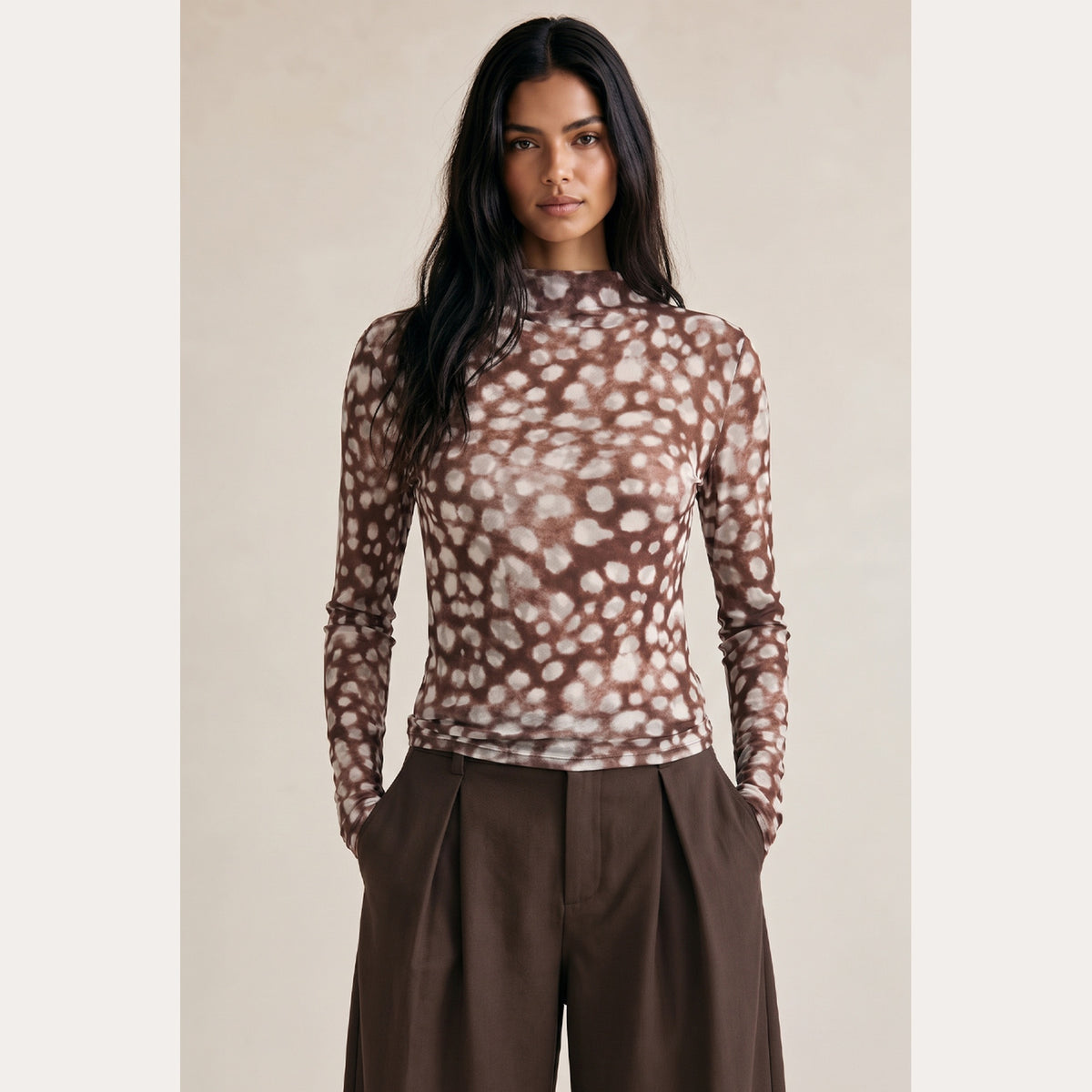 Brown and cream fawn print mesh top with high neck and long sleeves, supplier detail view
