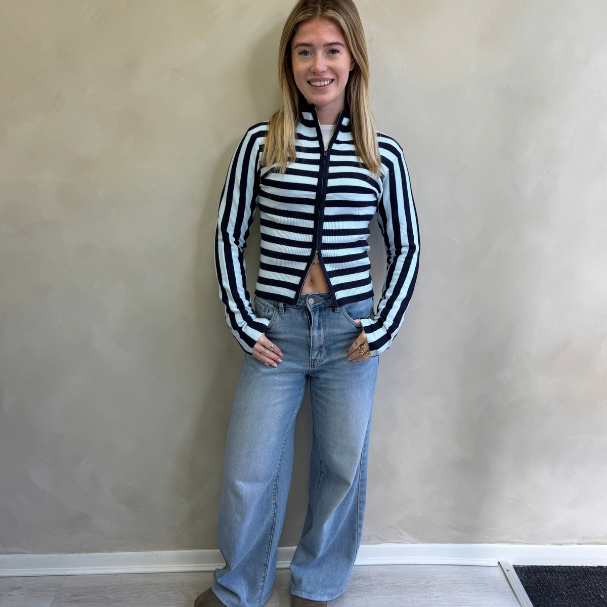 Navy & Cream Striped Ribbed Zip-Up Cardigan