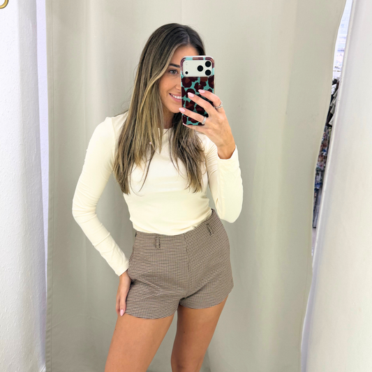 Brown & Cream Houndstooth High-Waisted Tailored Shorts
