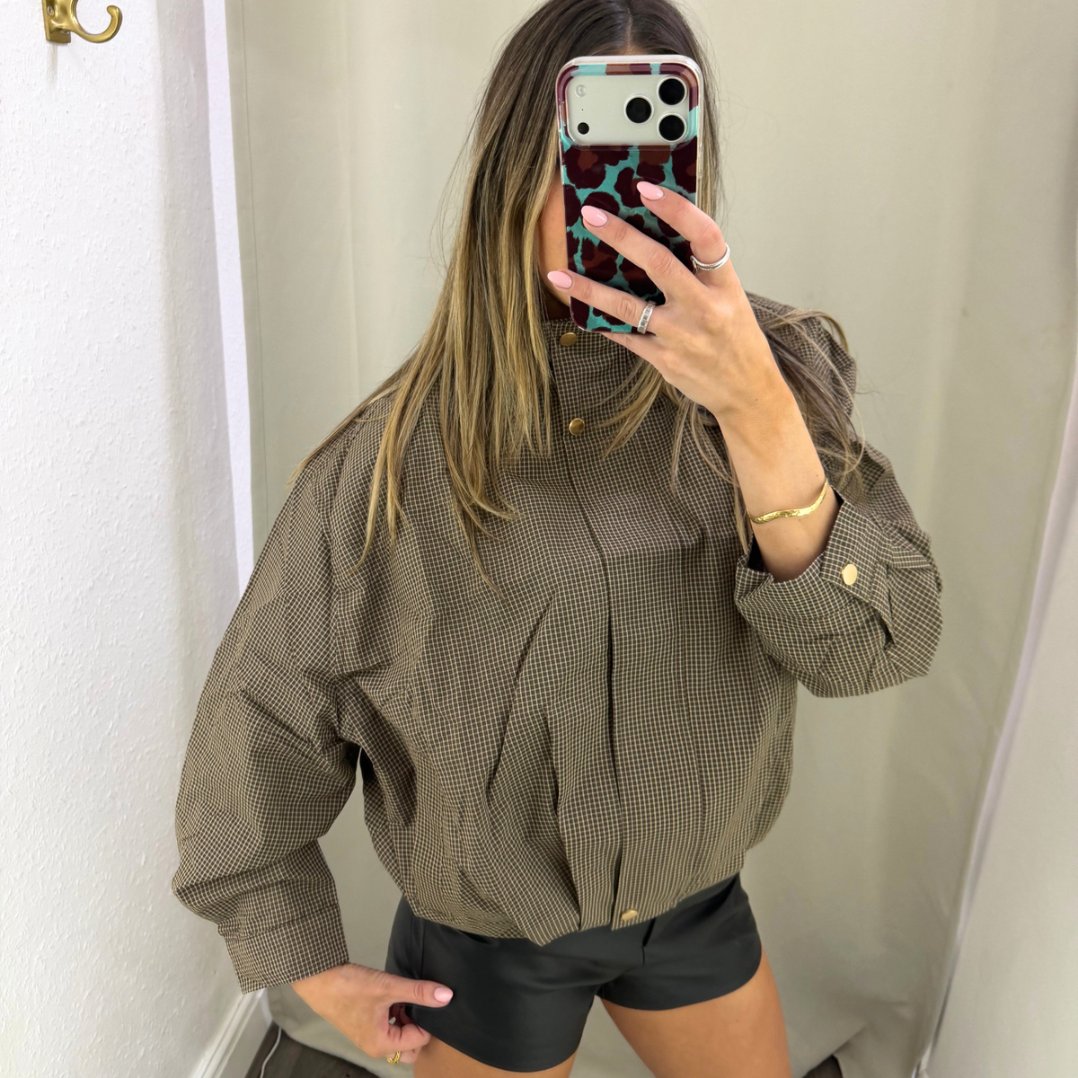 Brown Check Cropped Jacket with Gold-Tone Buttons