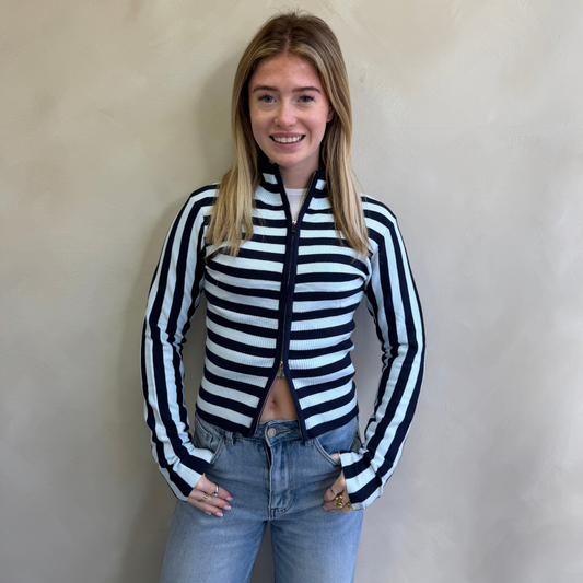 Navy & Cream Striped Ribbed Zip-Up Cardigan