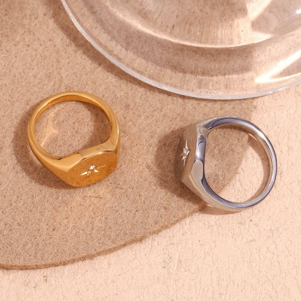 Signet Ring with Star Design - Gold or Silver
