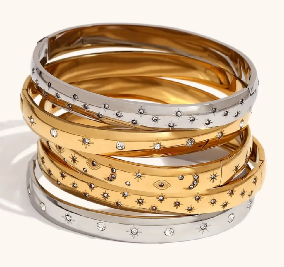 CZ Moon and Star Engraved Bracelet Bangle - Gold or Silver
