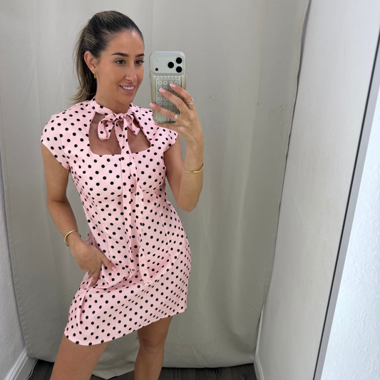 Polka Dot Tie-Neck Mini Dress – Pink