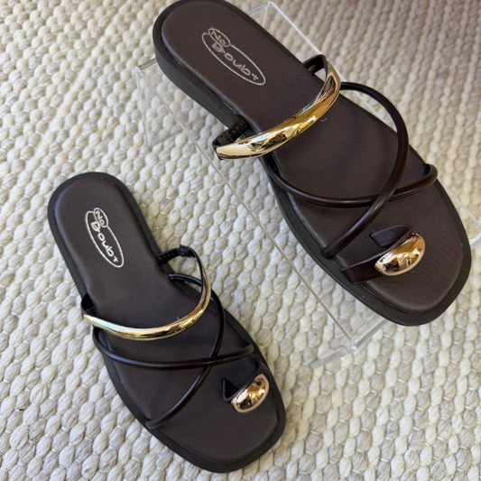Gold Detail Flat Sandals – Chocolate