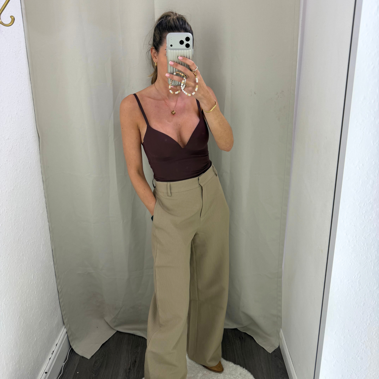 Barrel leg button pinstripe trousers