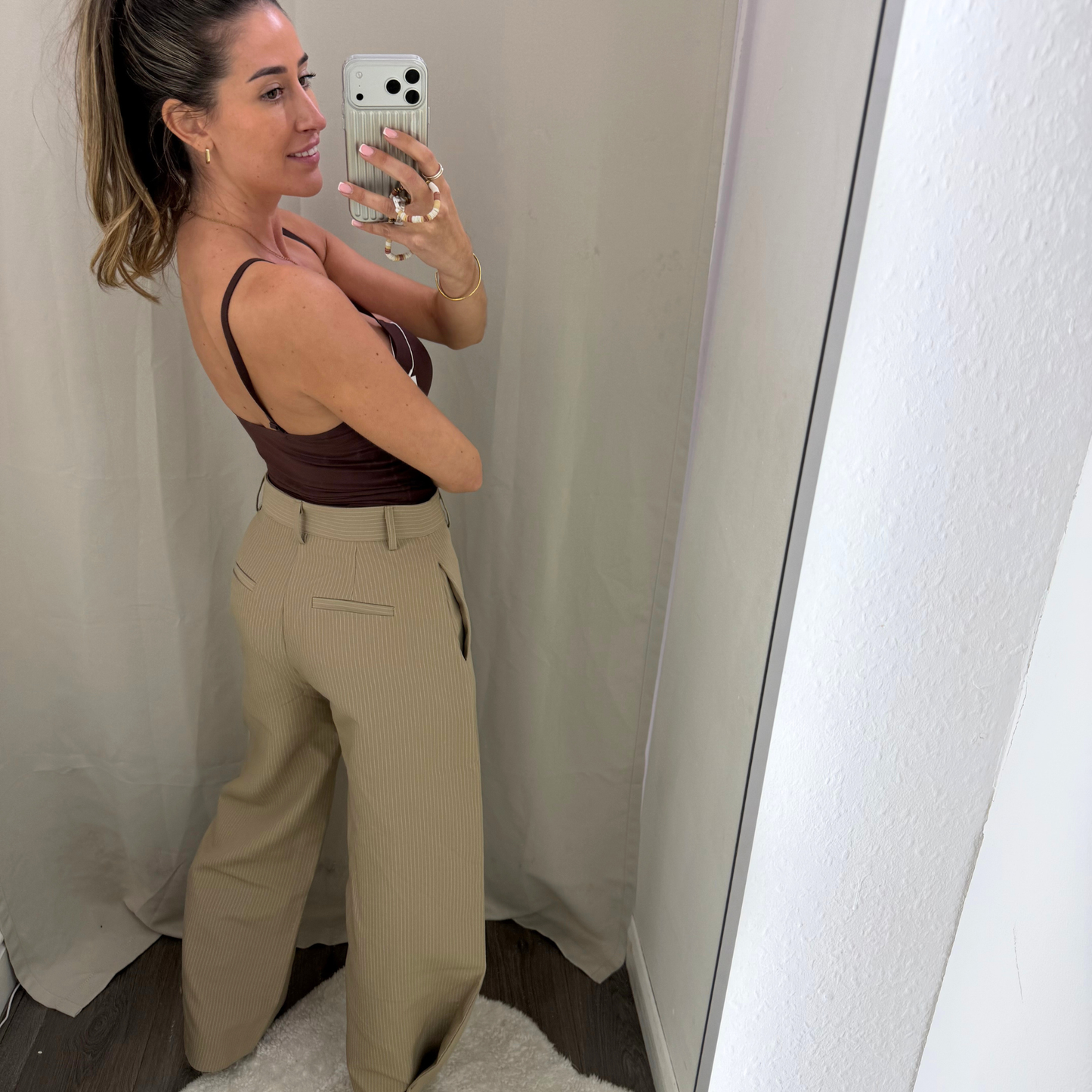 Barrel leg button pinstripe trousers