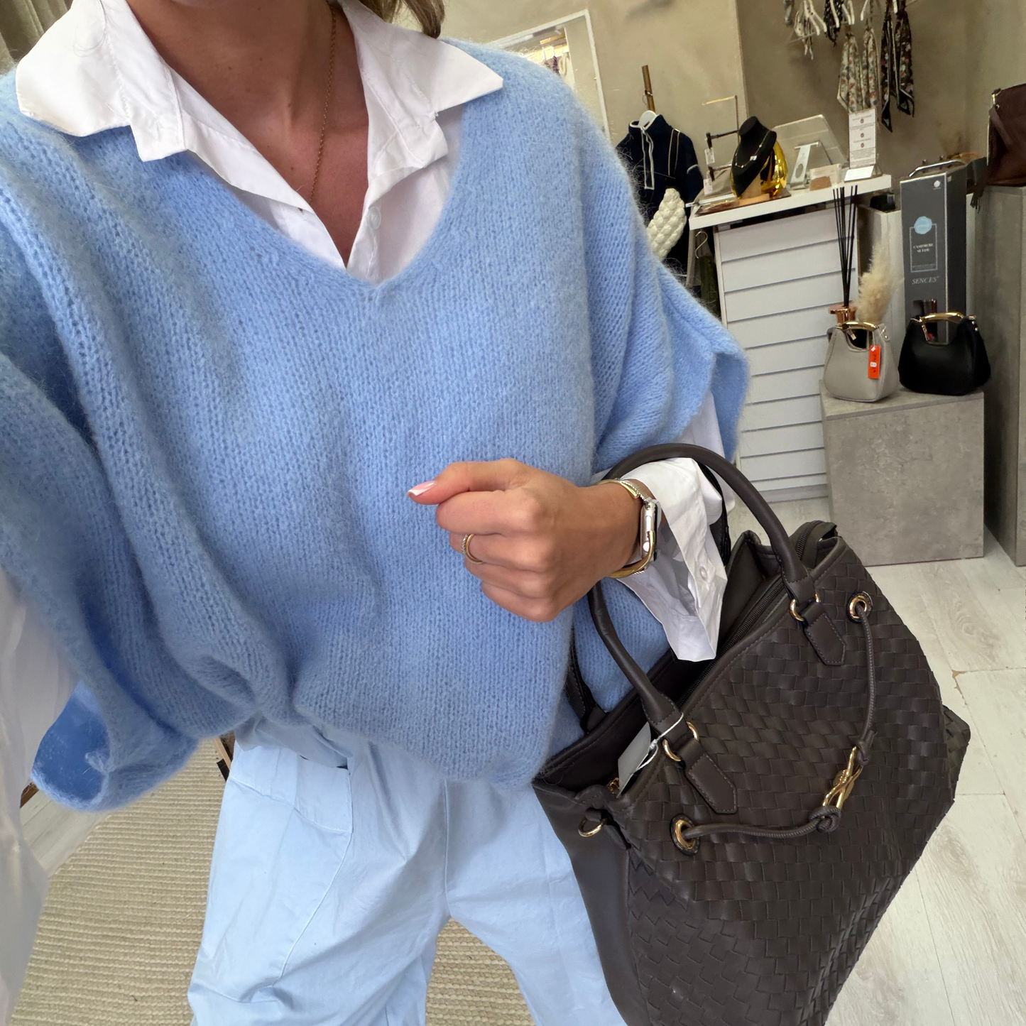 Blue oversized knit top