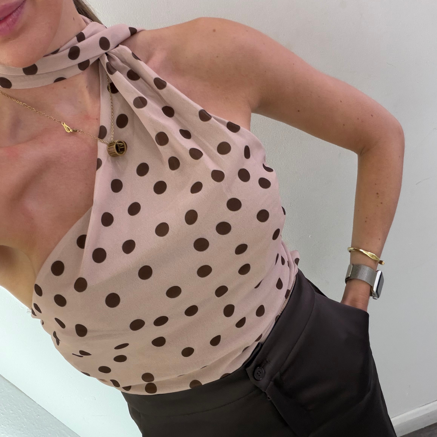 Polka Dot One-Shoulder Scarf Top