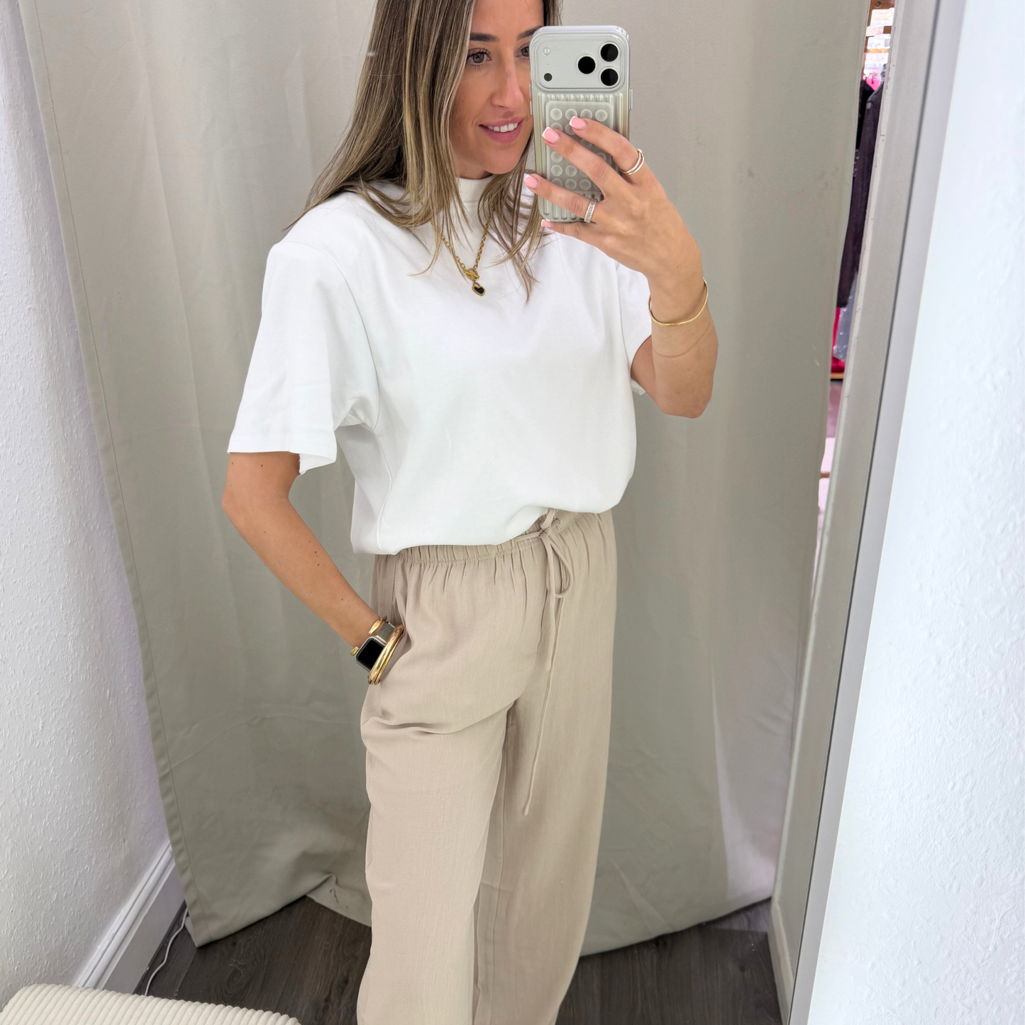 Beige or white Relaxed Drawstring Trousers