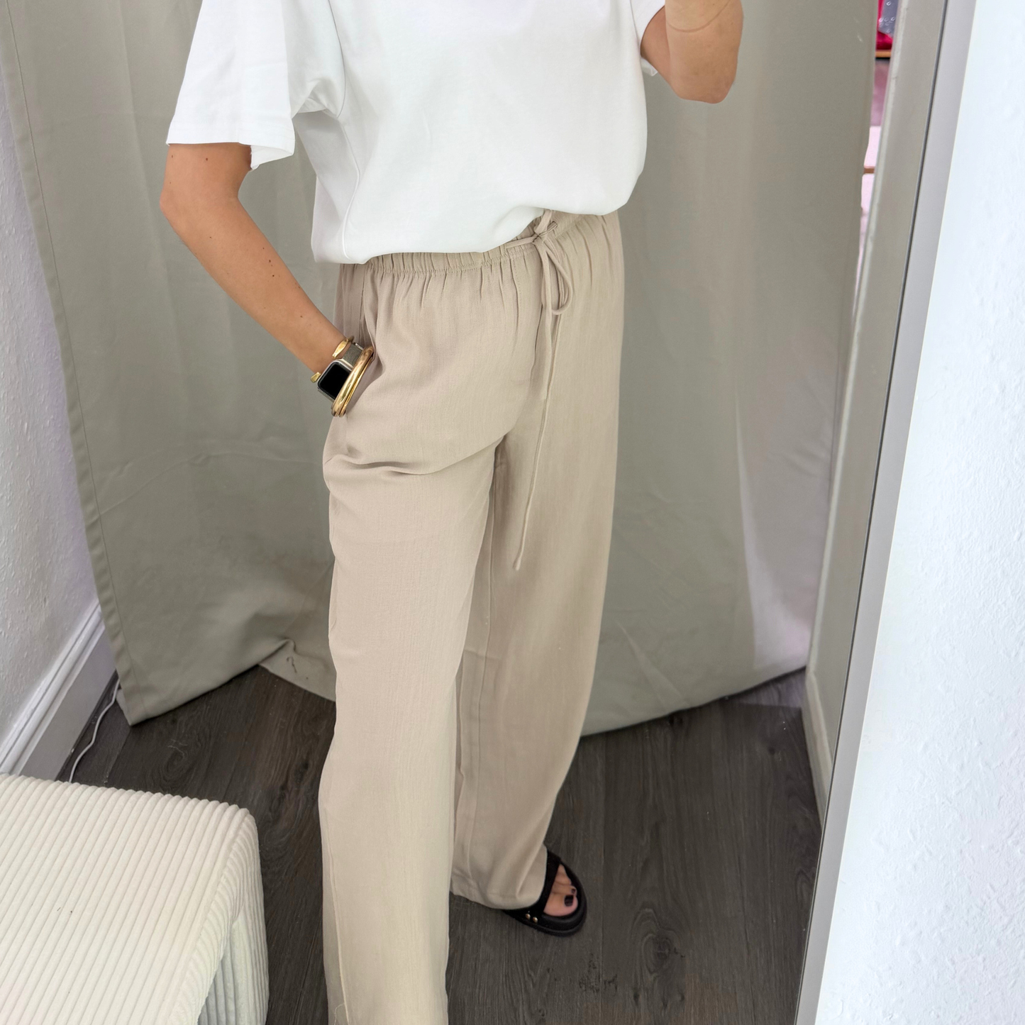 Beige or white Relaxed Drawstring Trousers