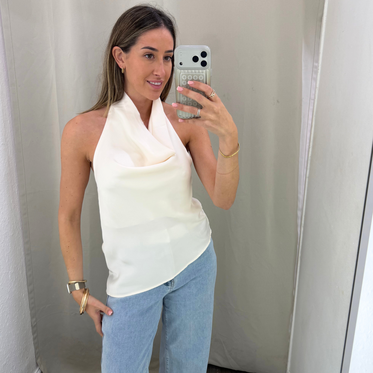 Cream Cowl Neck Halter Top