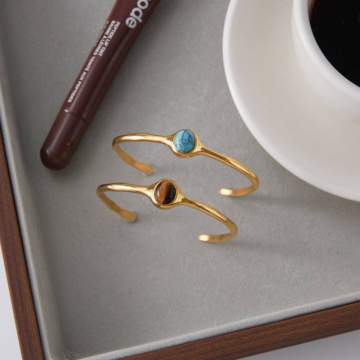 Oval Gemstone Cuff Bracelet - Turquoise or Tigers Eye