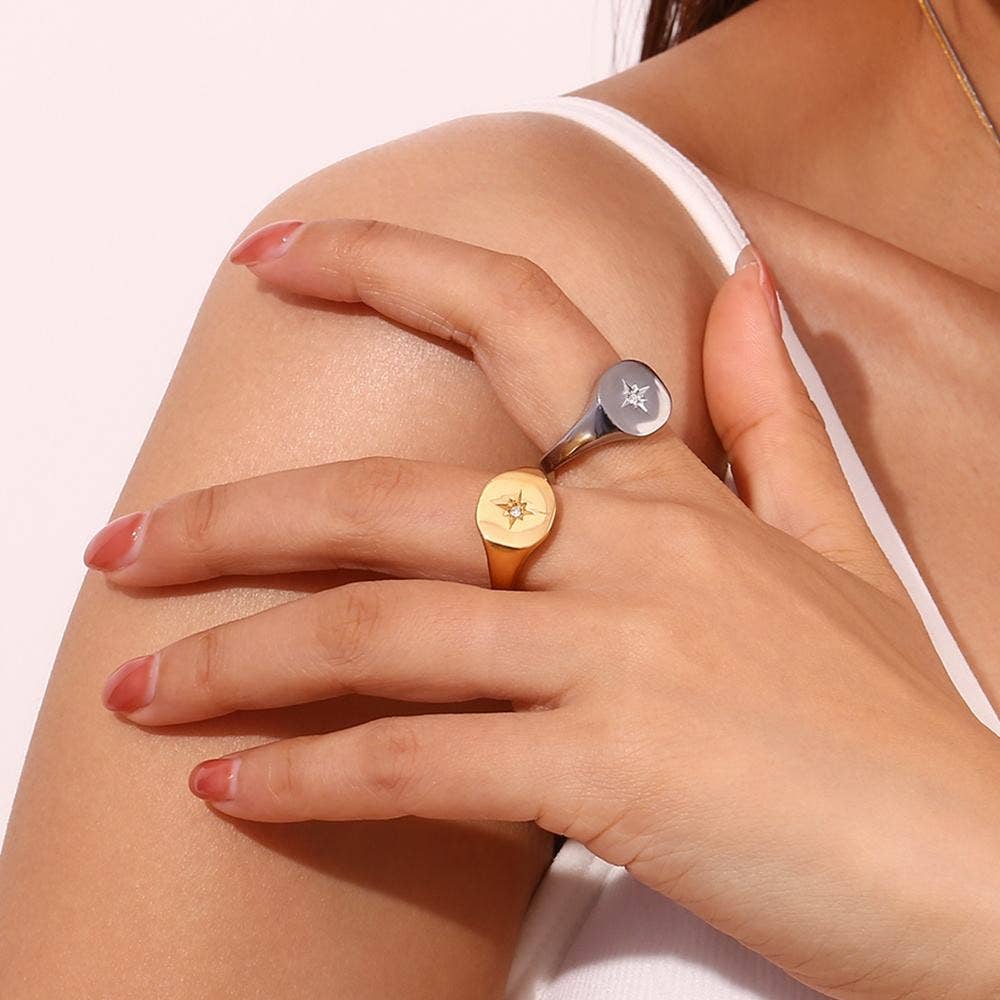 Signet Ring with Star Design - Gold or Silver