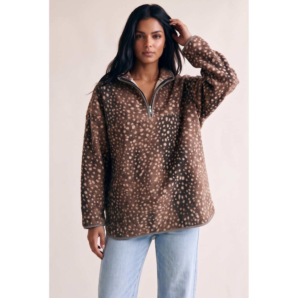 Bambi Fawn Print Half Zip Fleece – brown front