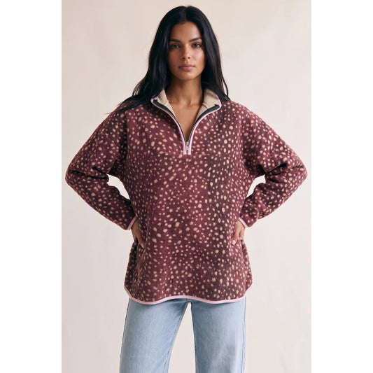 Bambi Fawn Print Half Zip Fleece – burgundy front