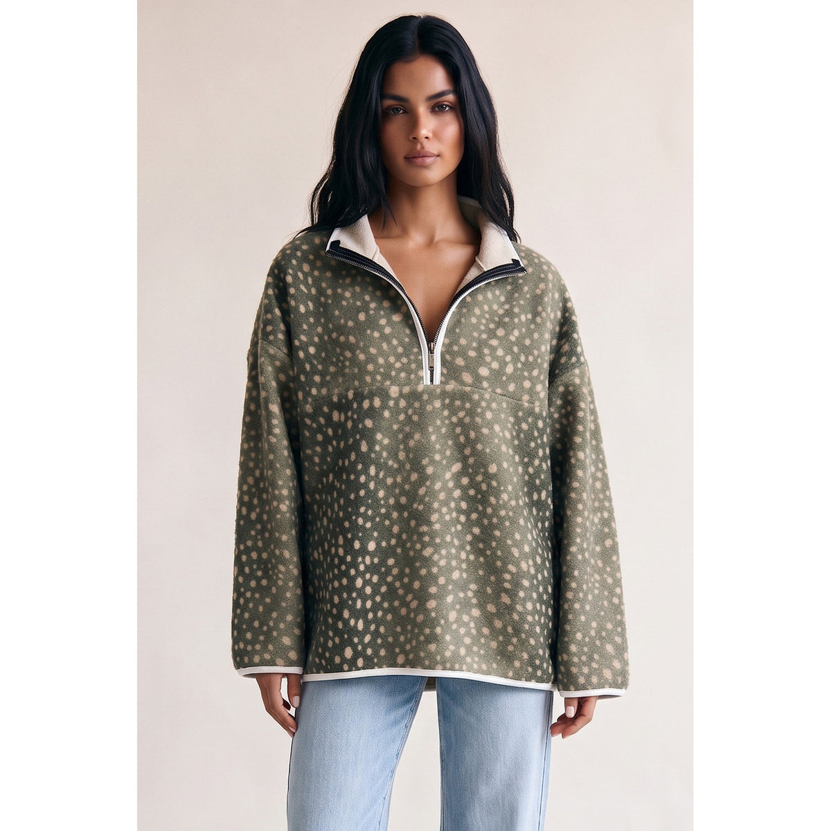 Bambi Fawn Print Half Zip Fleece – khaki front