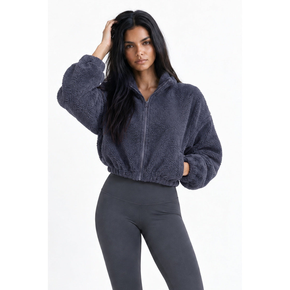 Cropped Borg Fleece Jacket – grey blue front