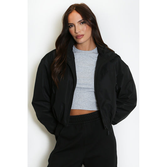Black Cropped Hooded Jacket – black front