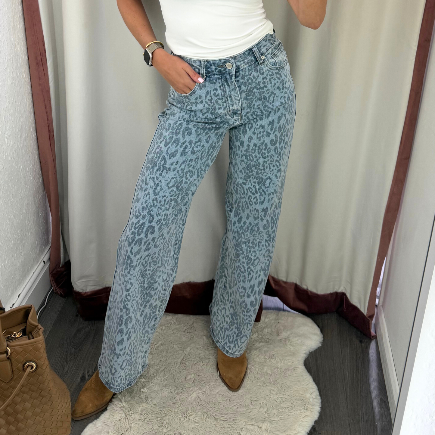 Blue Leopard Wide Leg Jeans