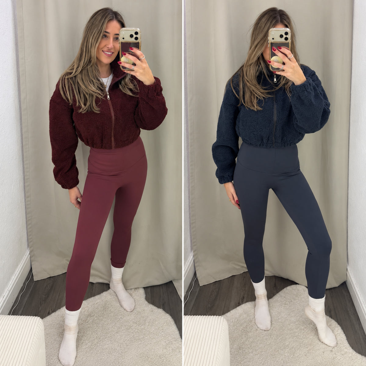 Selene wearing both outfit colours side by side: Burgundy fleece with Plum leggings and Grey Blue fleece with Dark Slate Grey leggings