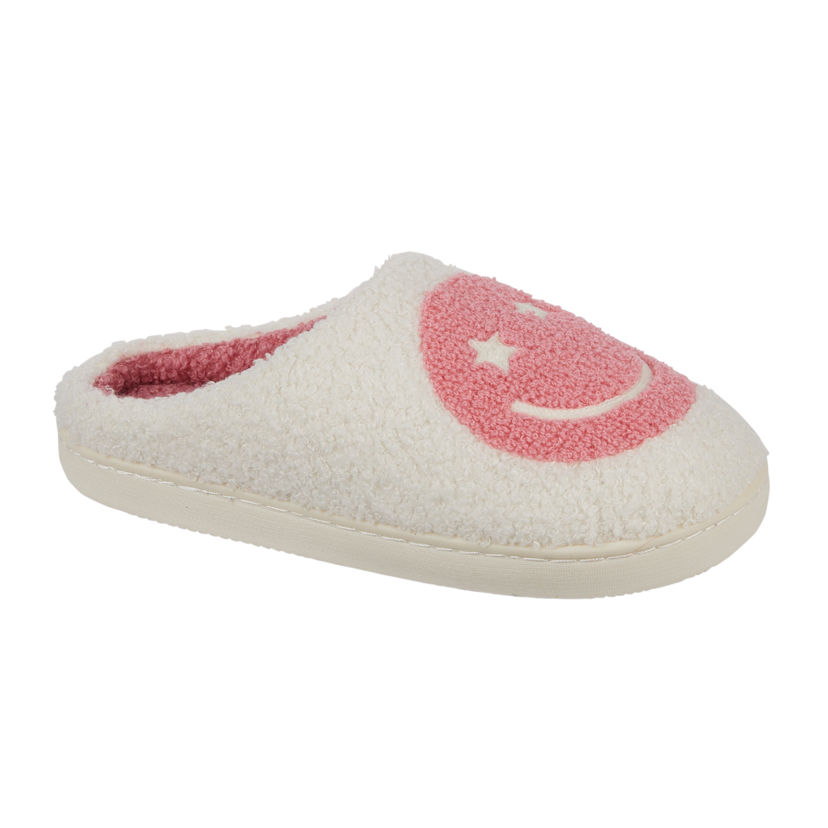 Cheerful cream smiley face mule slippers – side view