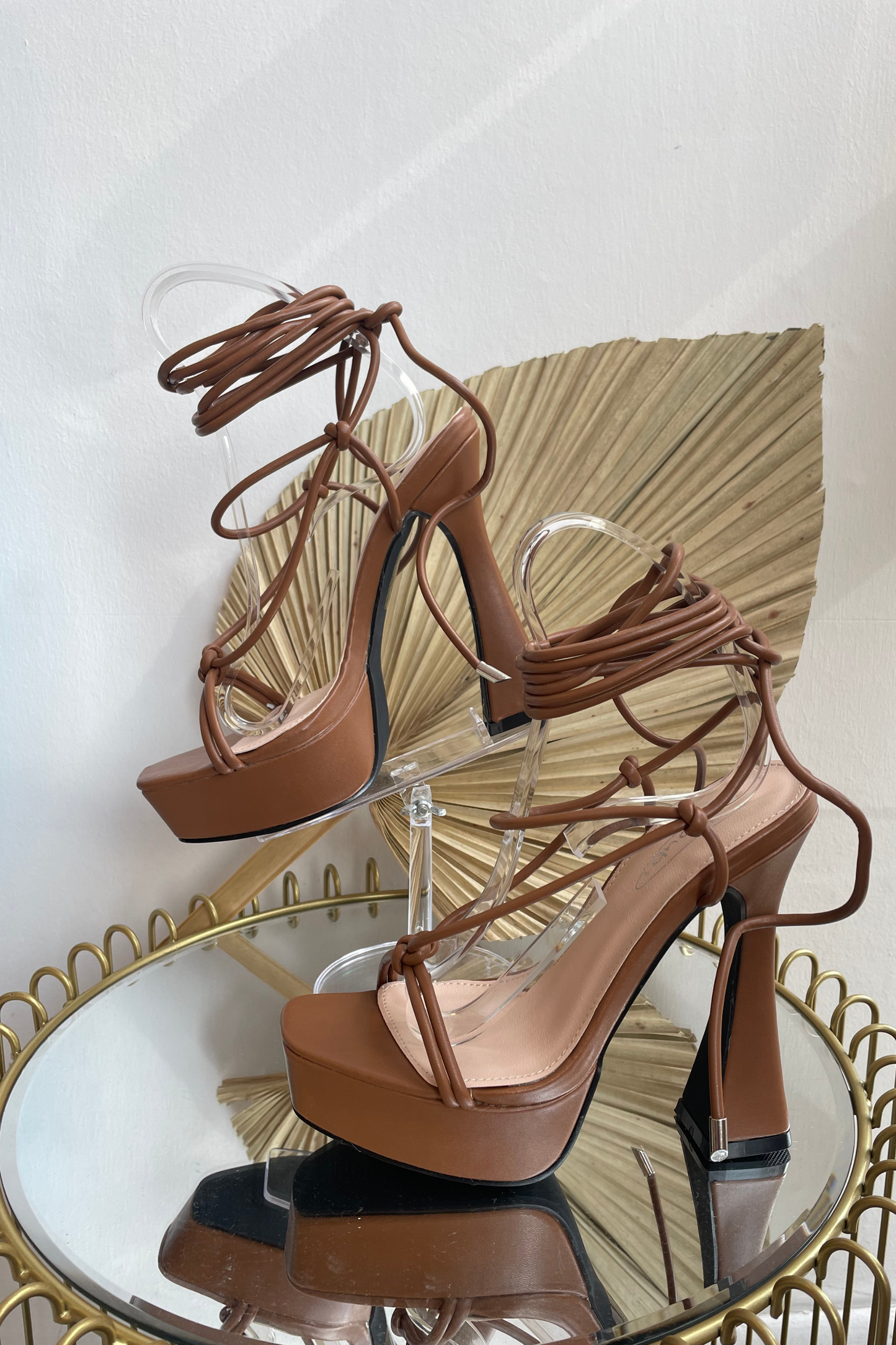 Brown PU Strap Up Platform Heels