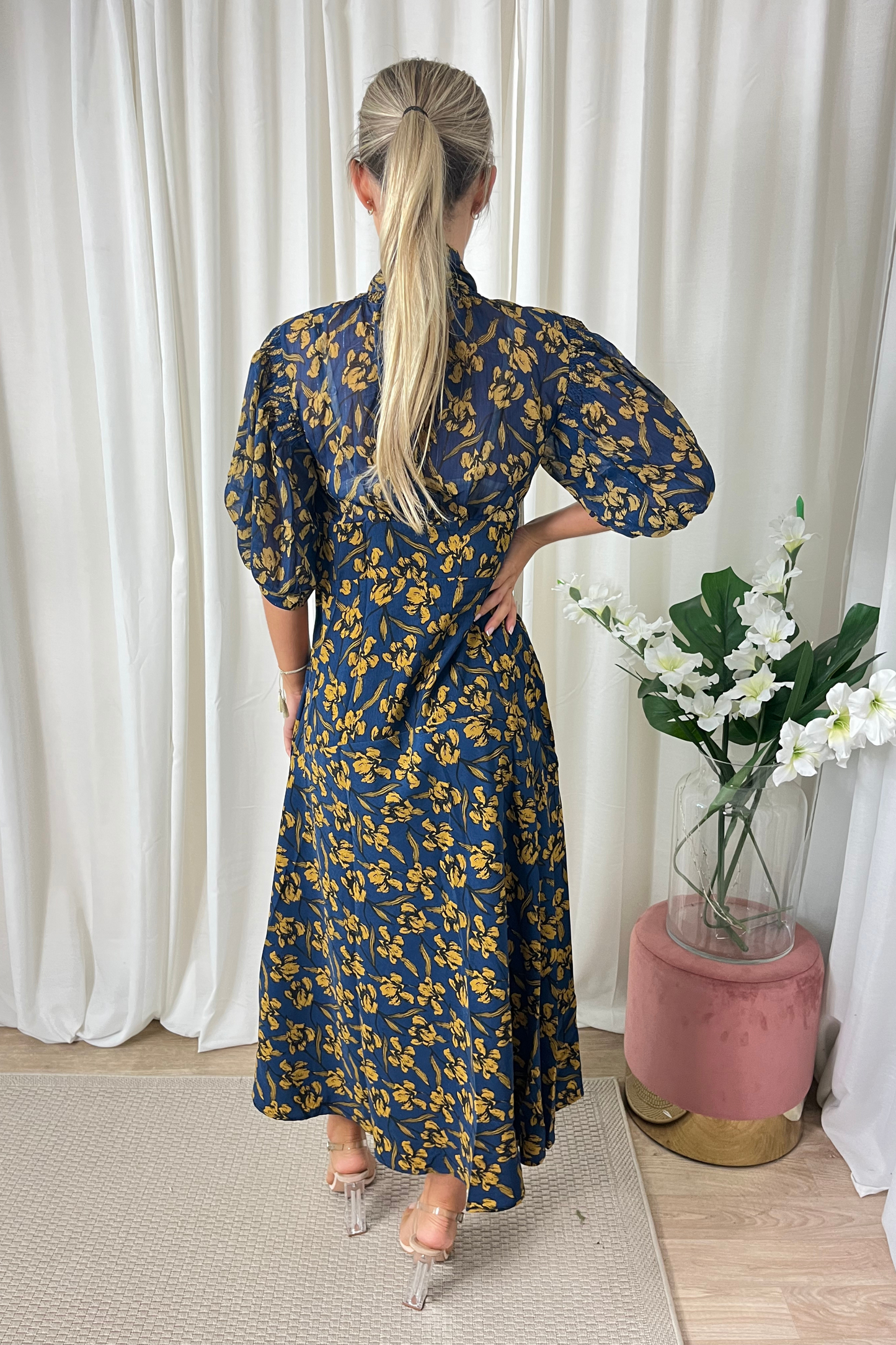 Navy Tie Floral Midi Dress