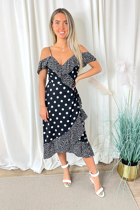 Polka Dot Mixed Print Midi Wrap Dress