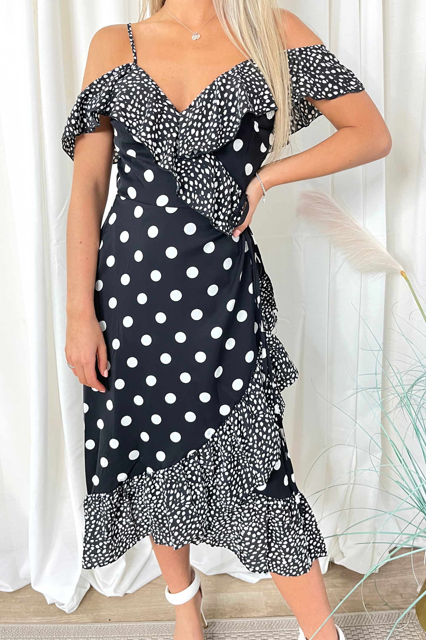 Polka Dot Mixed Print Midi Wrap Dress